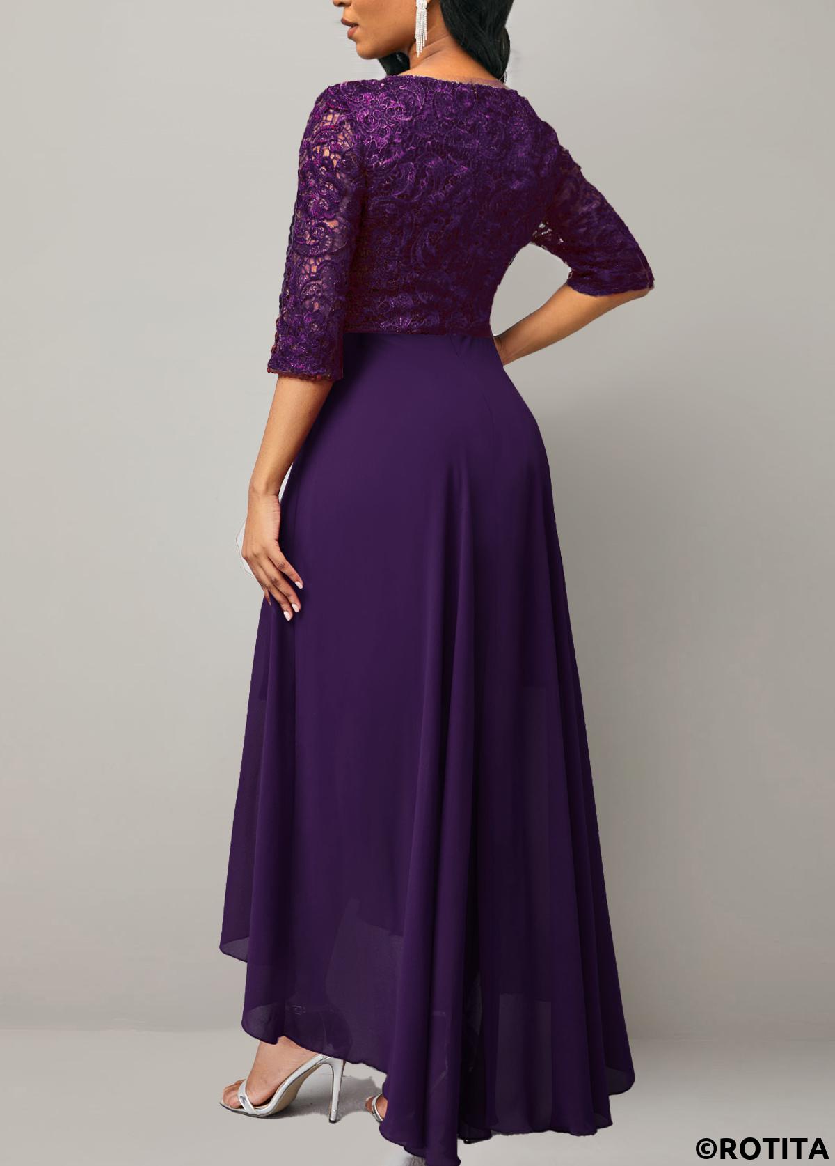 Purple dresses,Plain Color dresses,Party dresses,Elegant dresses,ROTITA Half Sleeve Purple Lace Patchwork Dress
