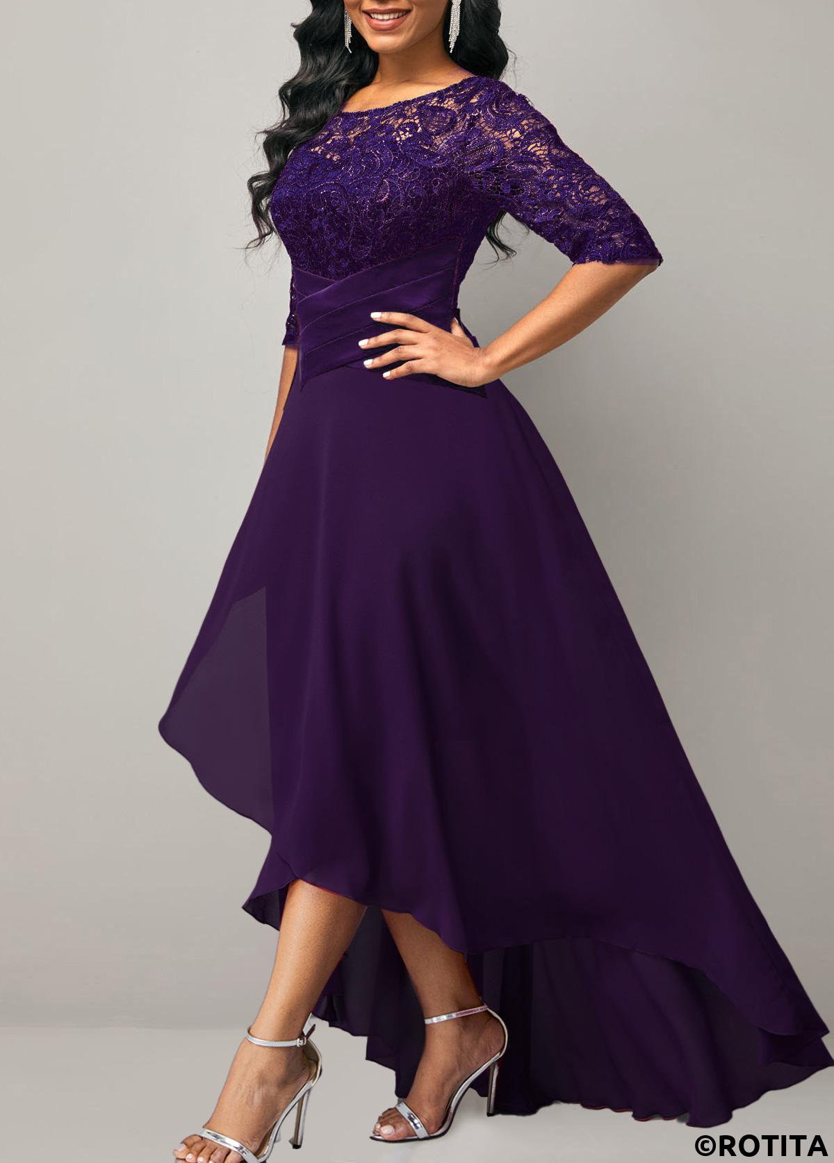 Purple dresses,Plain Color dresses,Party dresses,Elegant dresses,ROTITA Half Sleeve Purple Lace Patchwork Dress