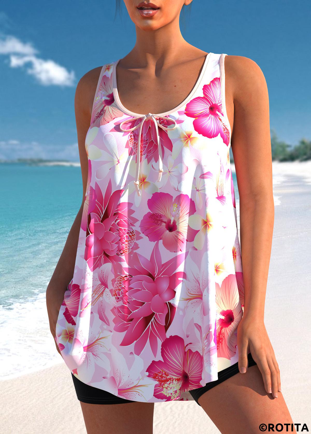 Pink swimwear,Floral swimwear,ROTITA Pink Floral Print Wide Strap Tankini Top