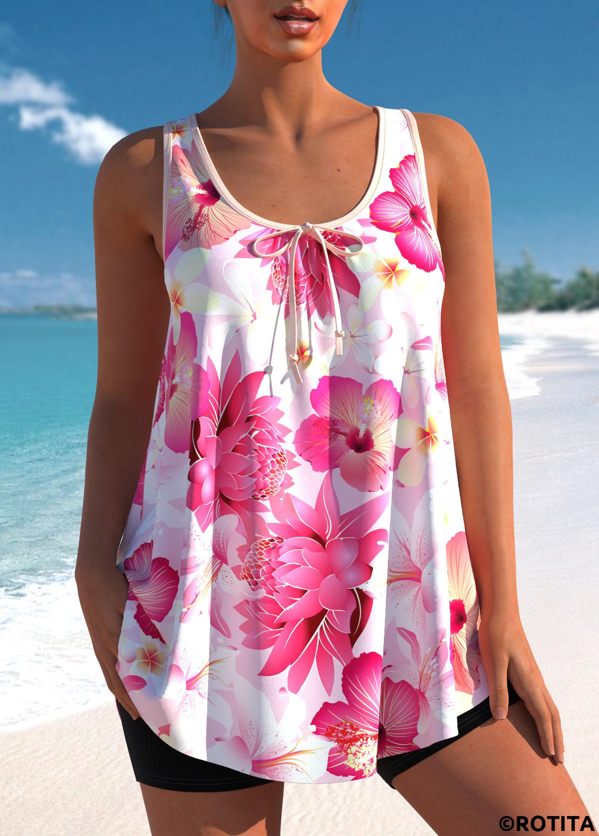 Pink swimwear,Floral swimwear,ROTITA Pink Floral Print Wide Strap Tankini Top