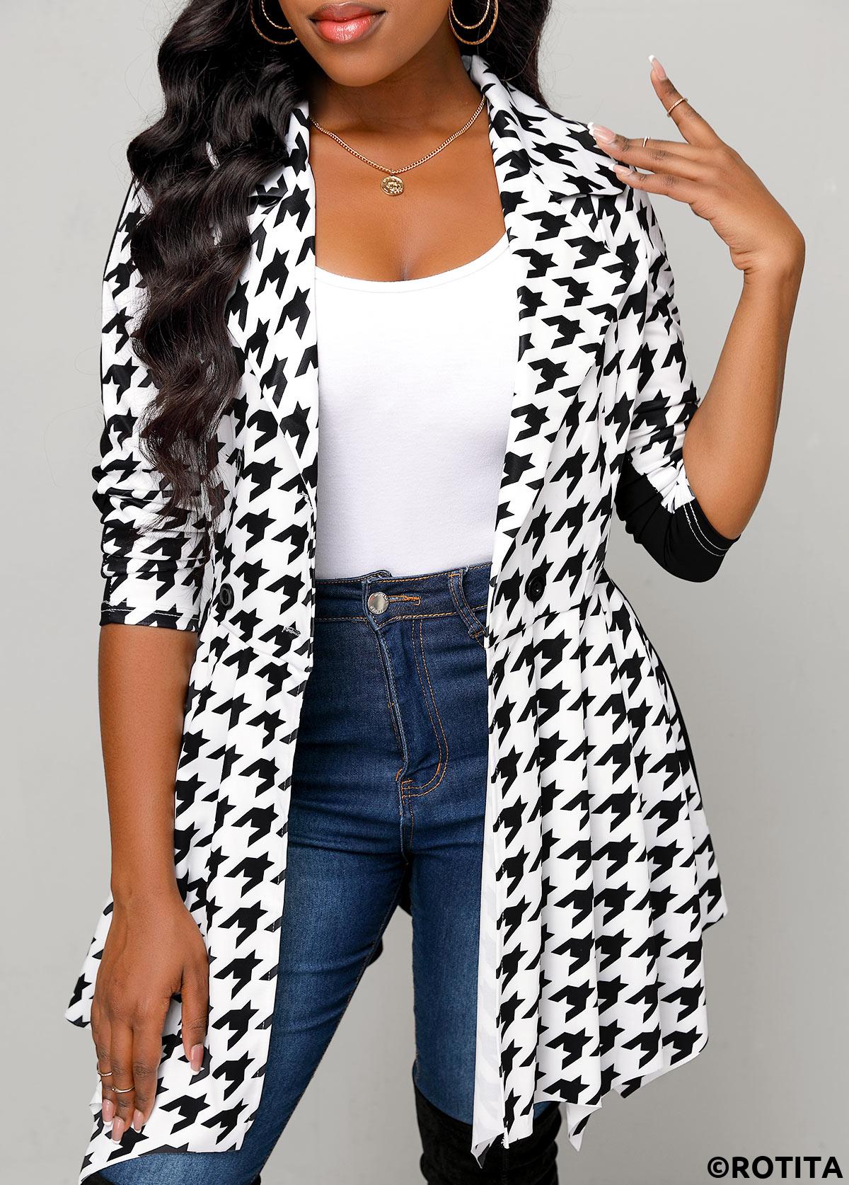Black tops,Houndstooth tops,Button Houndstooth Print Black Belted Lapel Coat