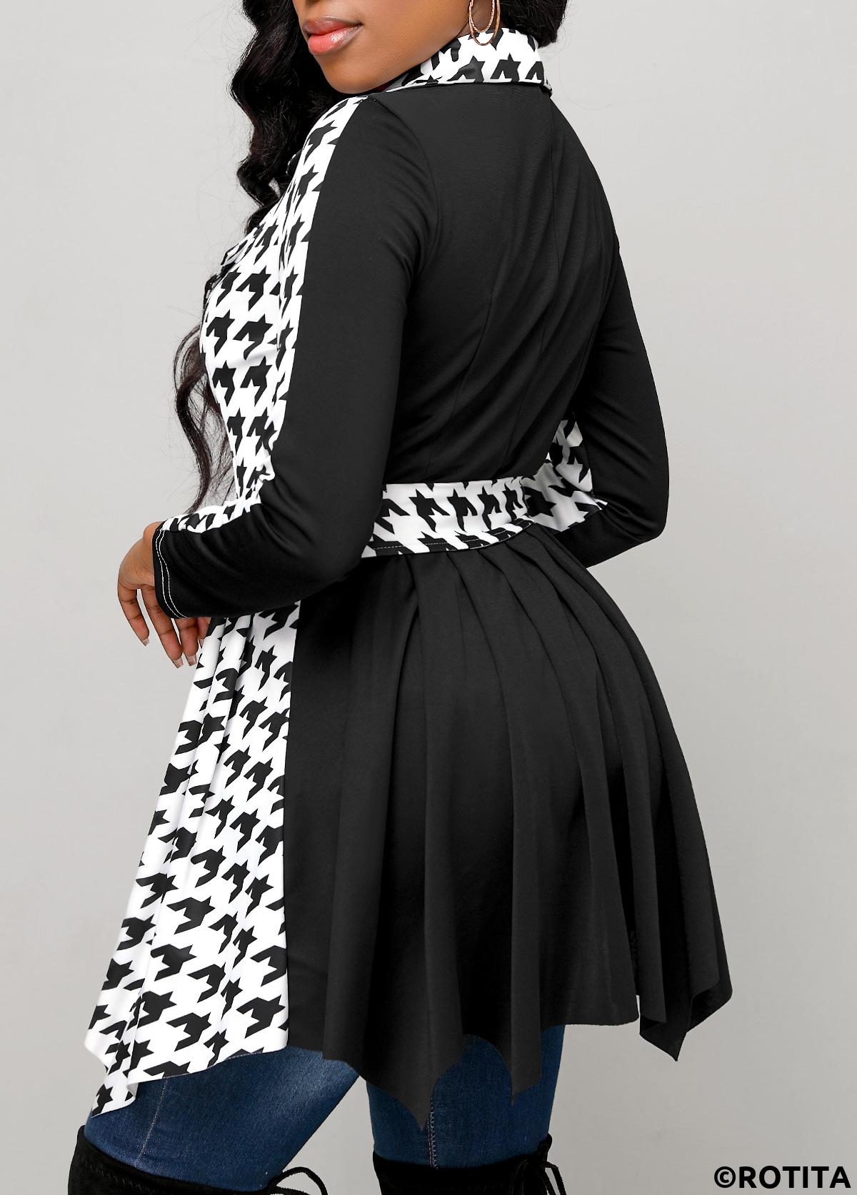 Black tops,Houndstooth tops,Button Houndstooth Print Black Belted Lapel Coat