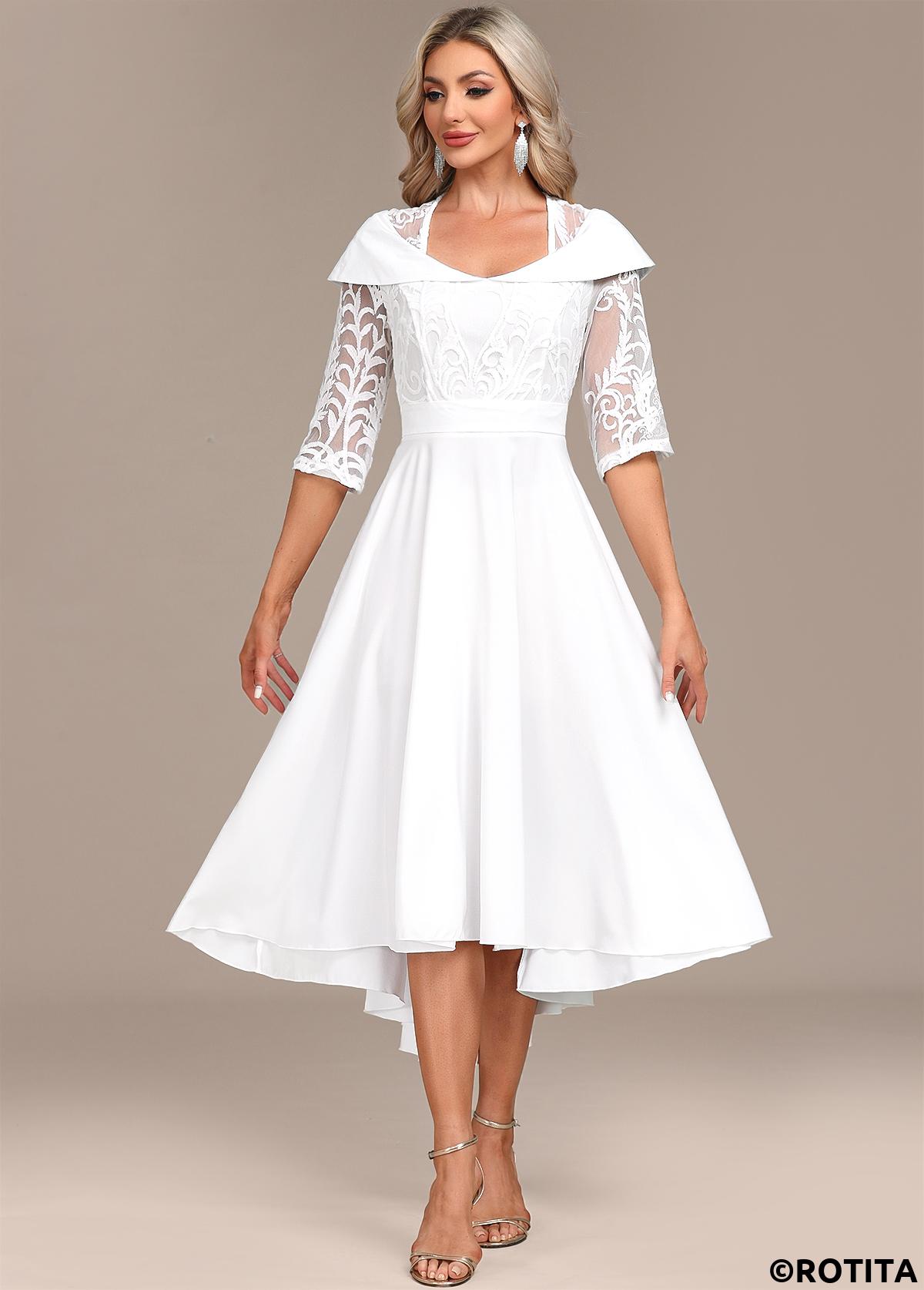 White dresses,Plain Color dresses,Party dresses,Elegant dresses,ROTITA Lace Patchwork White X Shape Midi Dress