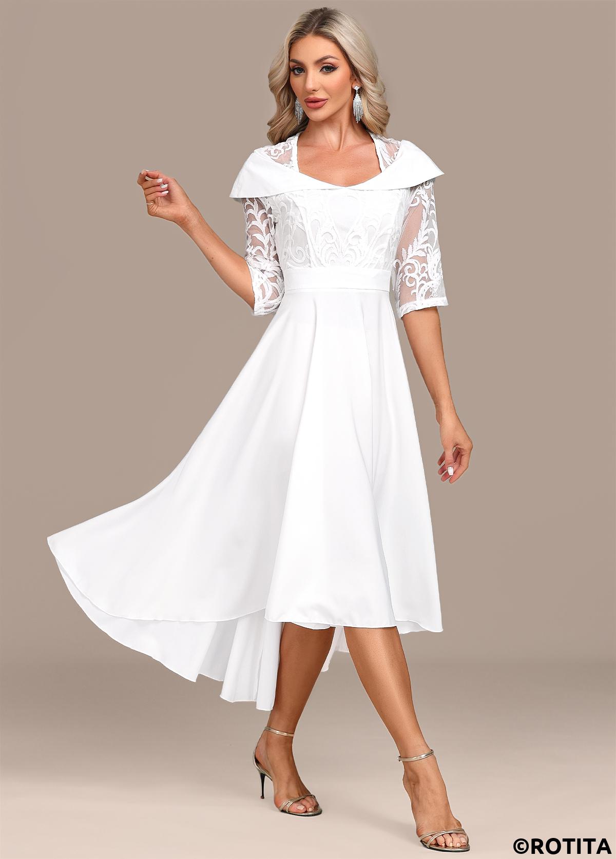 White dresses,Plain Color dresses,Party dresses,Elegant dresses,ROTITA Lace Patchwork White X Shape Midi Dress
