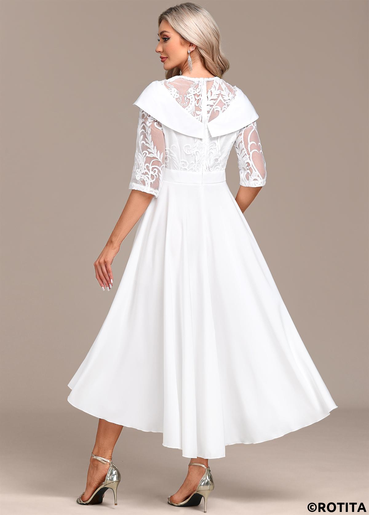 White dresses,Plain Color dresses,Party dresses,Elegant dresses,ROTITA Lace Patchwork White X Shape Midi Dress
