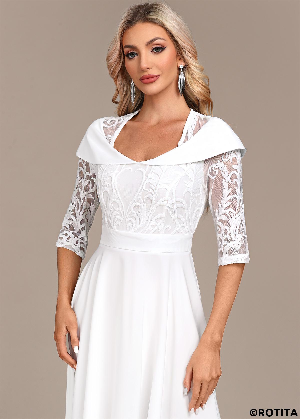 White dresses,Plain Color dresses,Party dresses,Elegant dresses,ROTITA Lace Patchwork White X Shape Midi Dress