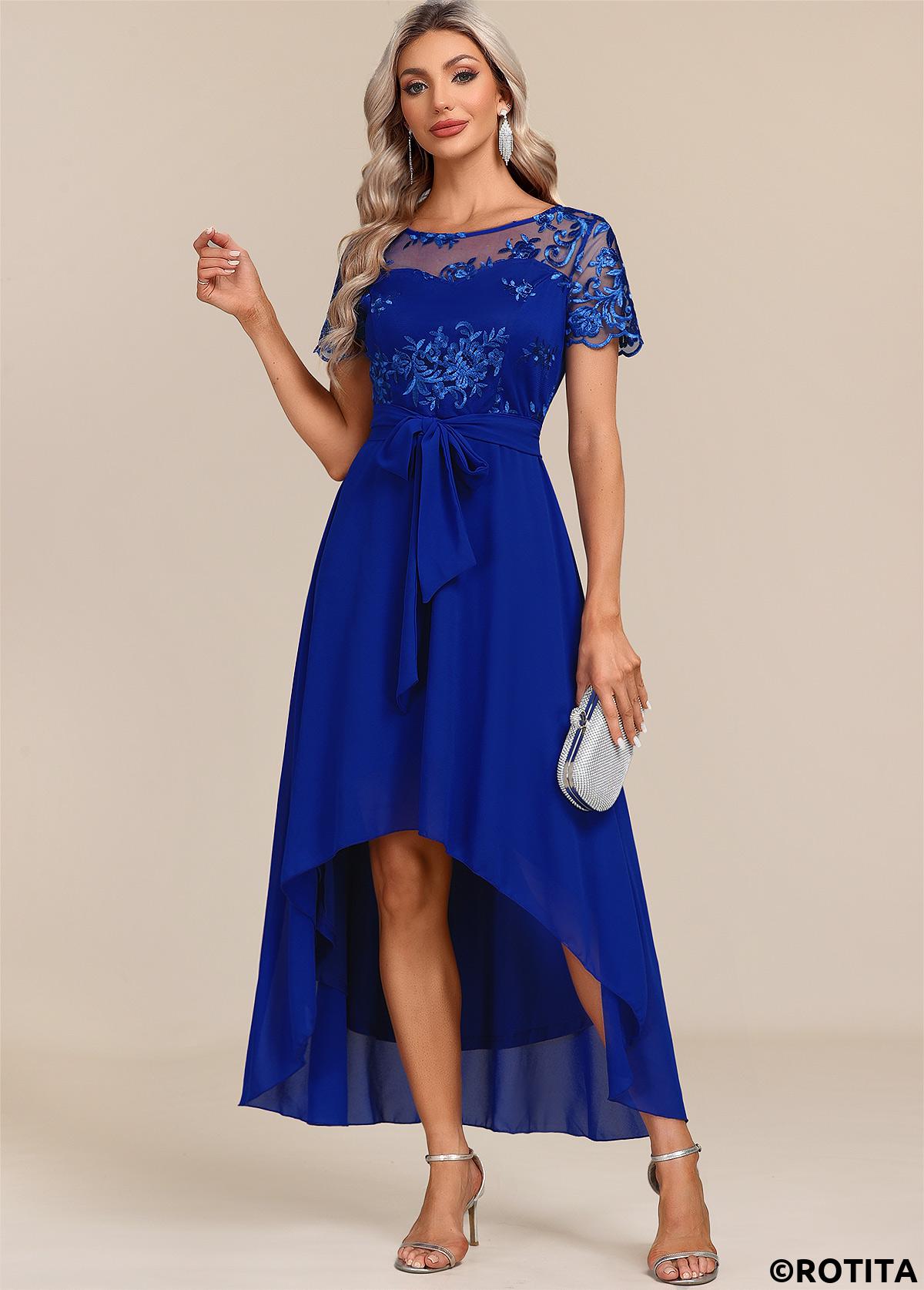 Royal Blue dresses,Plain Color dresses,Party dresses,Elegant dresses,ROTITA Sapphire Blue Lace Patchwork Belted Maxi Dress