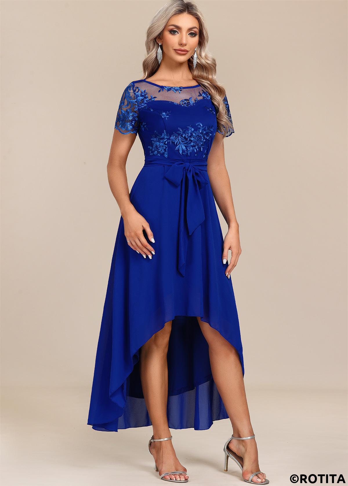Royal Blue dresses,Plain Color dresses,Party dresses,Elegant dresses,ROTITA Sapphire Blue Lace Patchwork Belted Maxi Dress