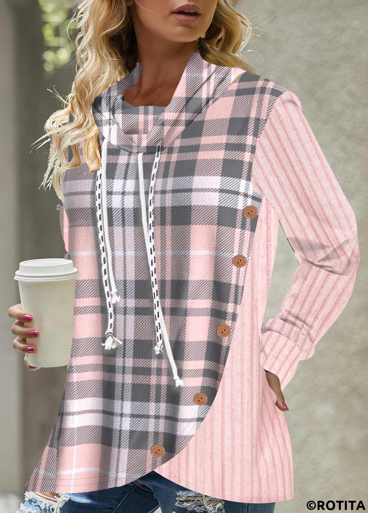 Pink tops,Plaid tops,ROTITA Button Pink Tartan Print Drawstring Sweatshirt