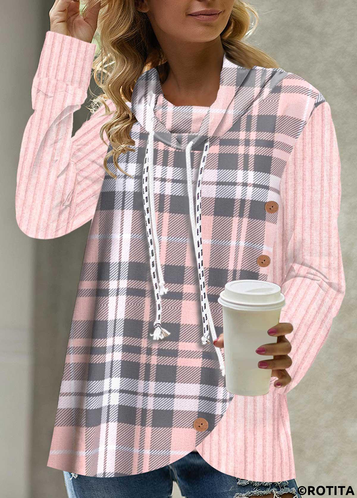 Pink tops,Plaid tops,ROTITA Button Pink Tartan Print Drawstring Sweatshirt