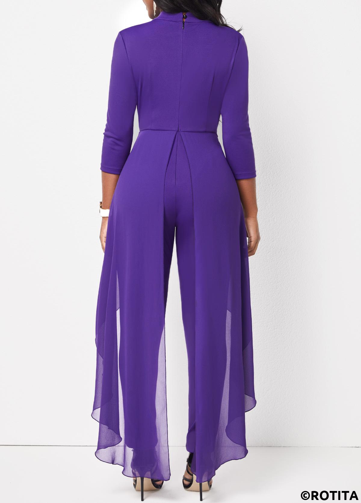 Purple jumpsuits&rompers,Plain Color jumpsuits&rompers,ROTITA Cage Neck Purple Ankle Length Stand Collar Jumpsuit