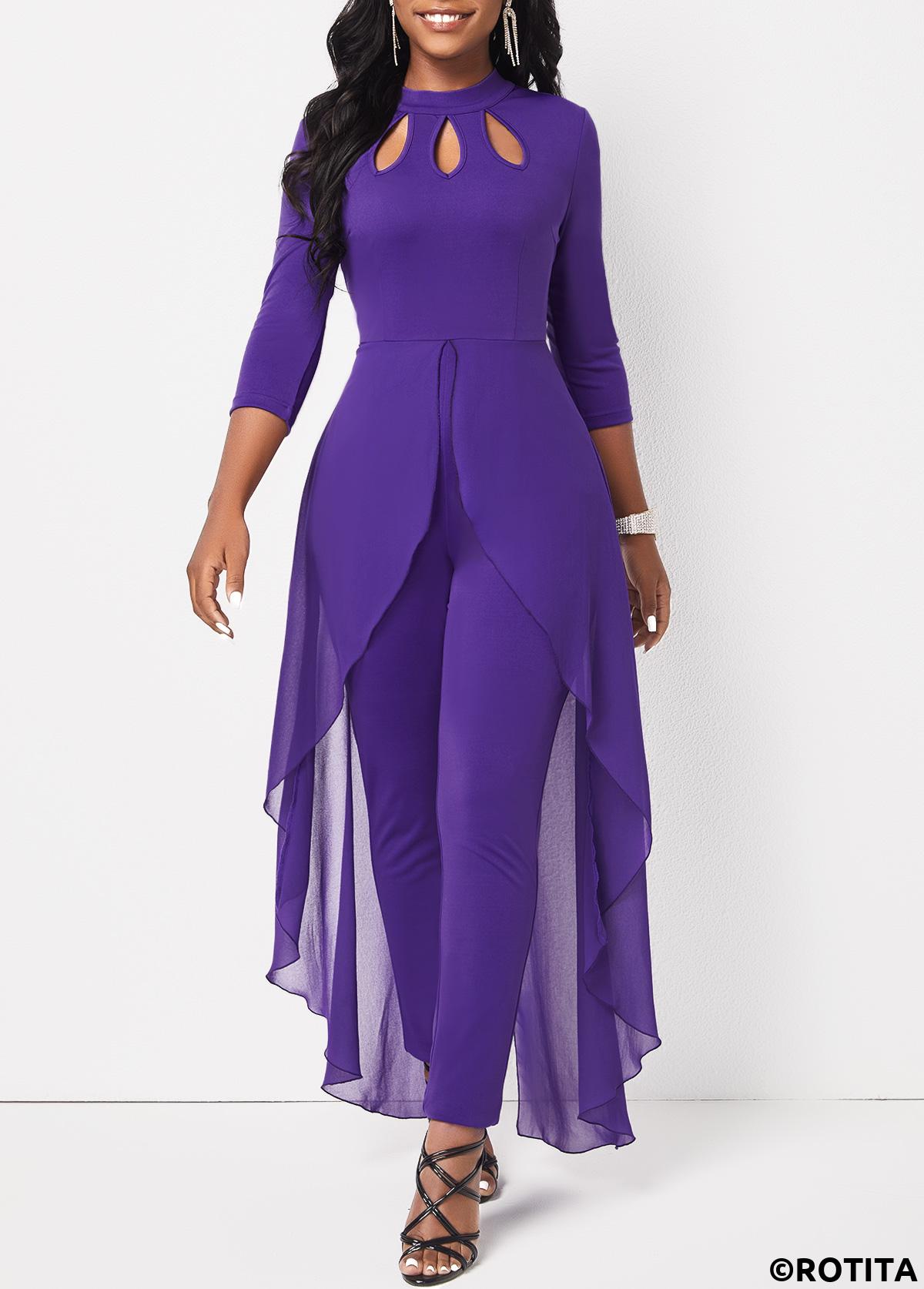 Purple jumpsuits&rompers,Plain Color jumpsuits&rompers,ROTITA Cage Neck Purple Ankle Length Stand Collar Jumpsuit