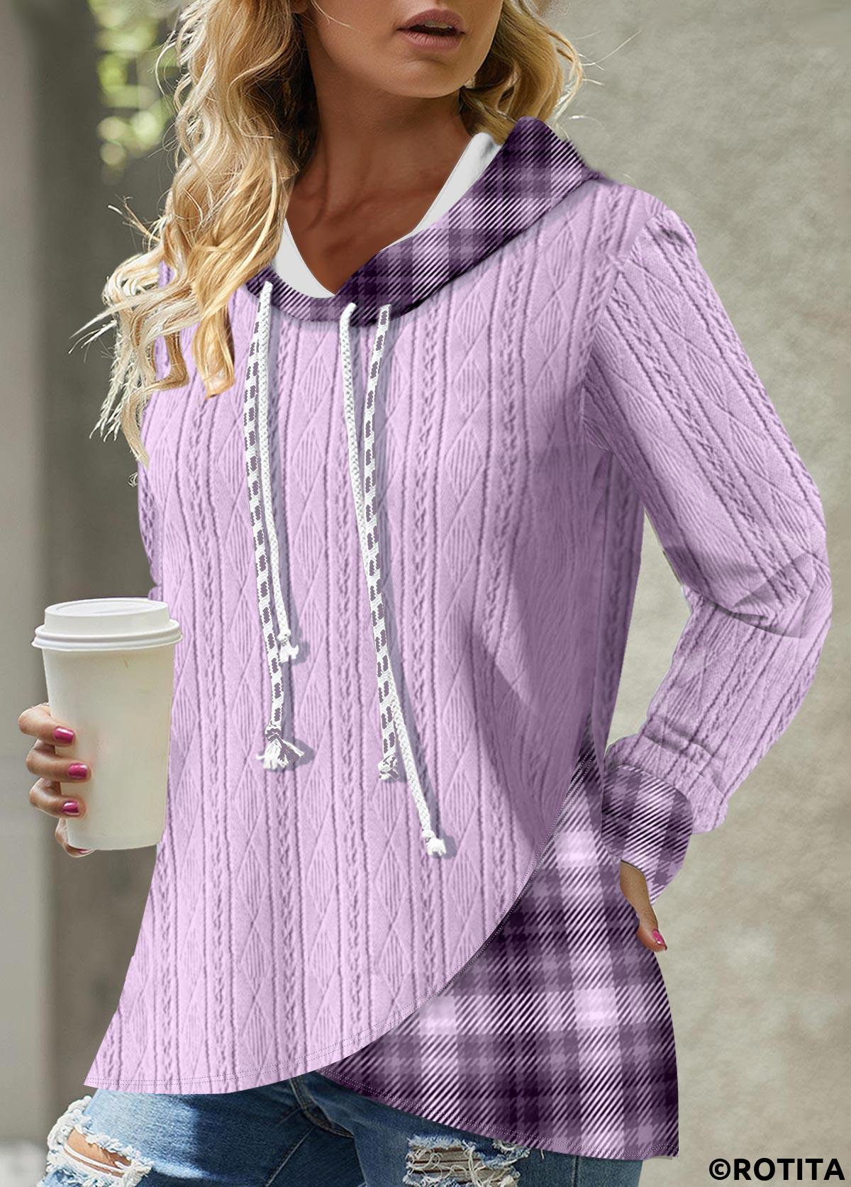 Light Purple tops,Plaid tops,ROTITA Tartan Print Light Purple Asymmetric Hem Hoodie