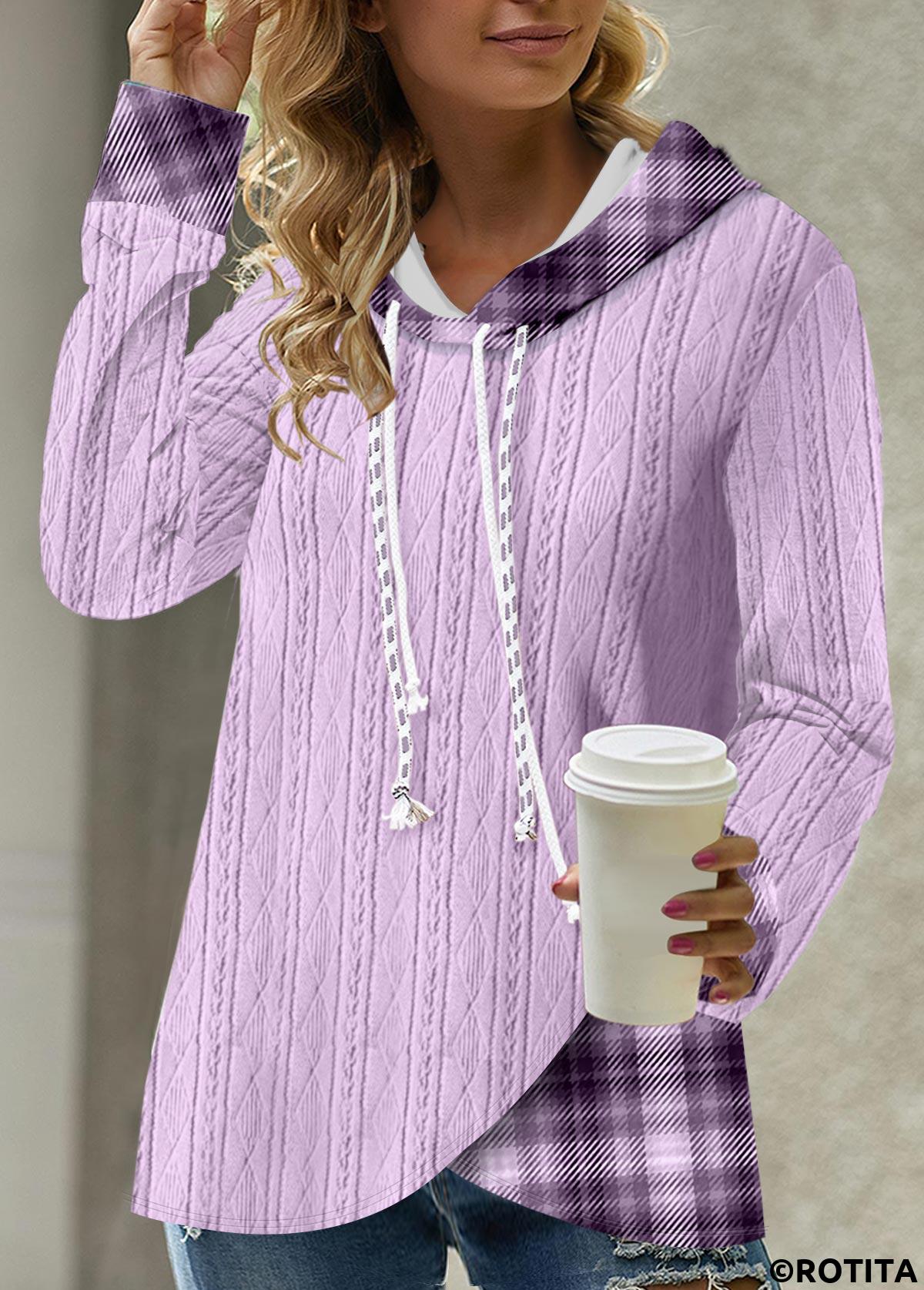 Light Purple tops,Plaid tops,ROTITA Tartan Print Light Purple Asymmetric Hem Hoodie