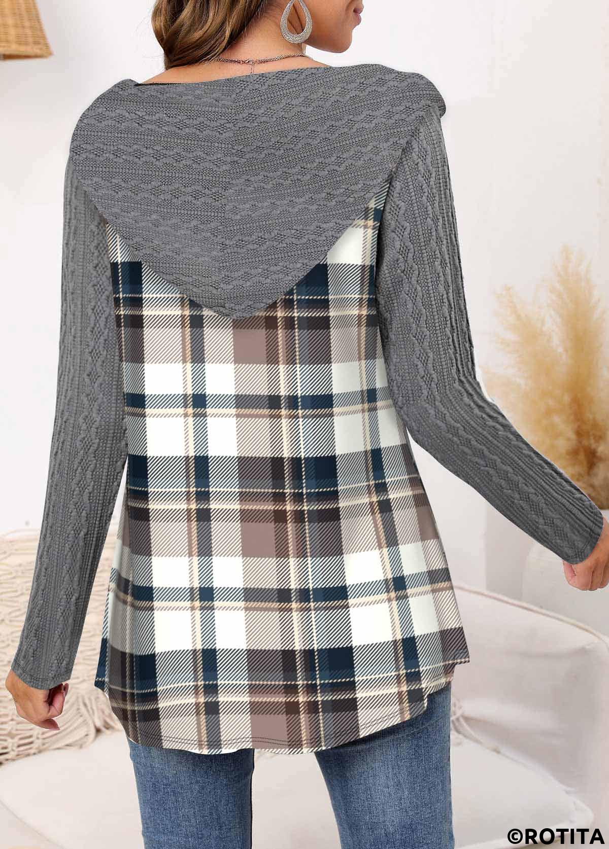Grey tops,Plaid tops,ROTITA Twisted Tartan Print Grey Long Sleeve Hoodie