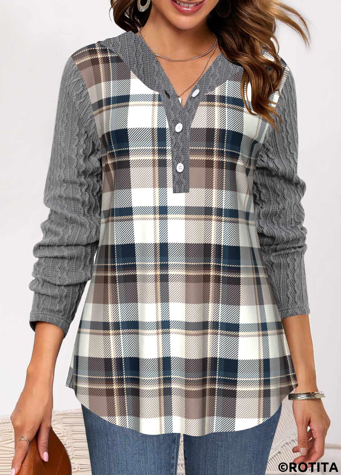 Grey tops,Plaid tops,ROTITA Twisted Tartan Print Grey Long Sleeve Hoodie