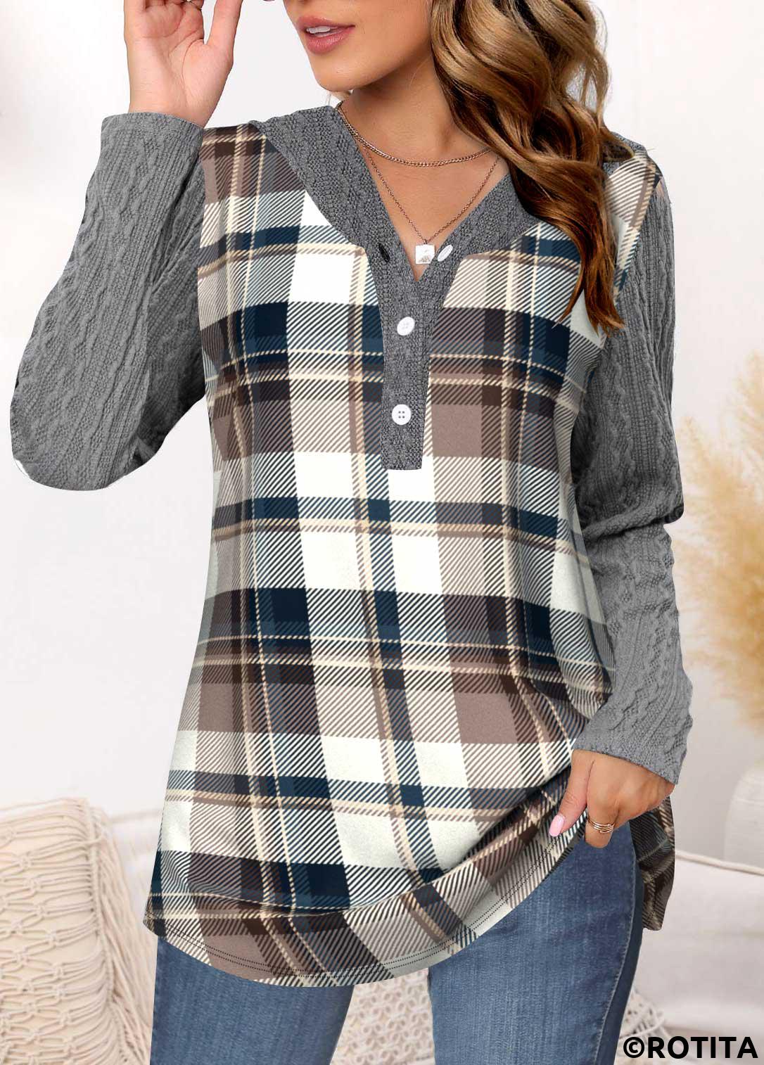 Grey tops,Plaid tops,ROTITA Twisted Tartan Print Grey Long Sleeve Hoodie