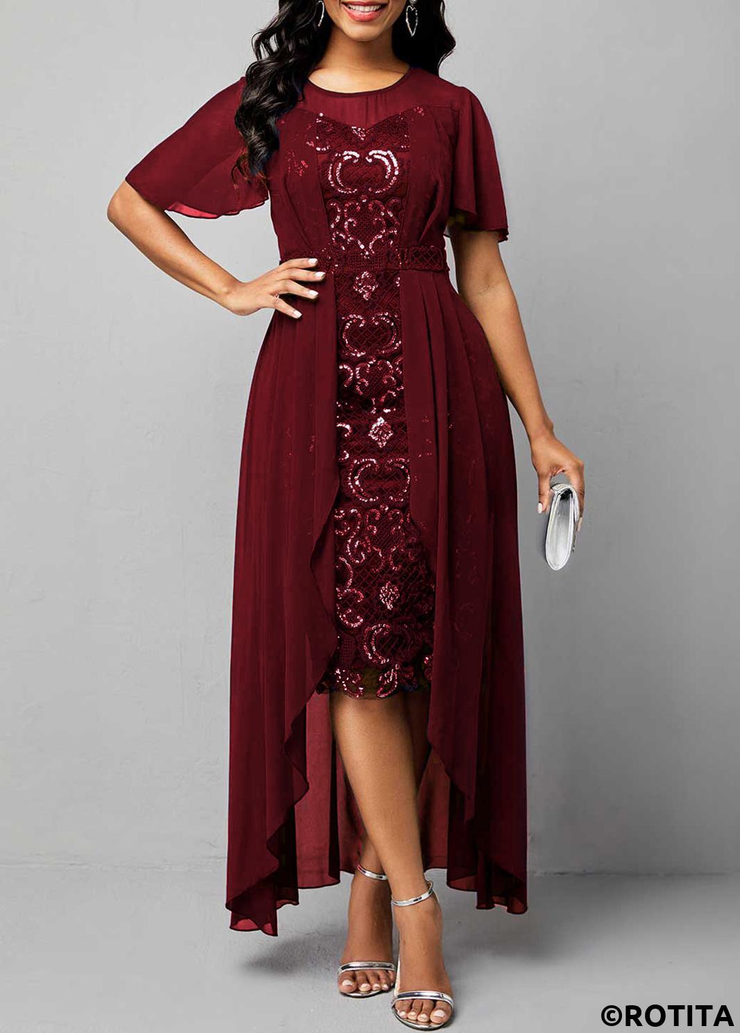Wine Red dresses,Plain Color dresses,Party dresses,Elegant dresses,ROTITA Sequin Wine Red High Low Bodycon Dress