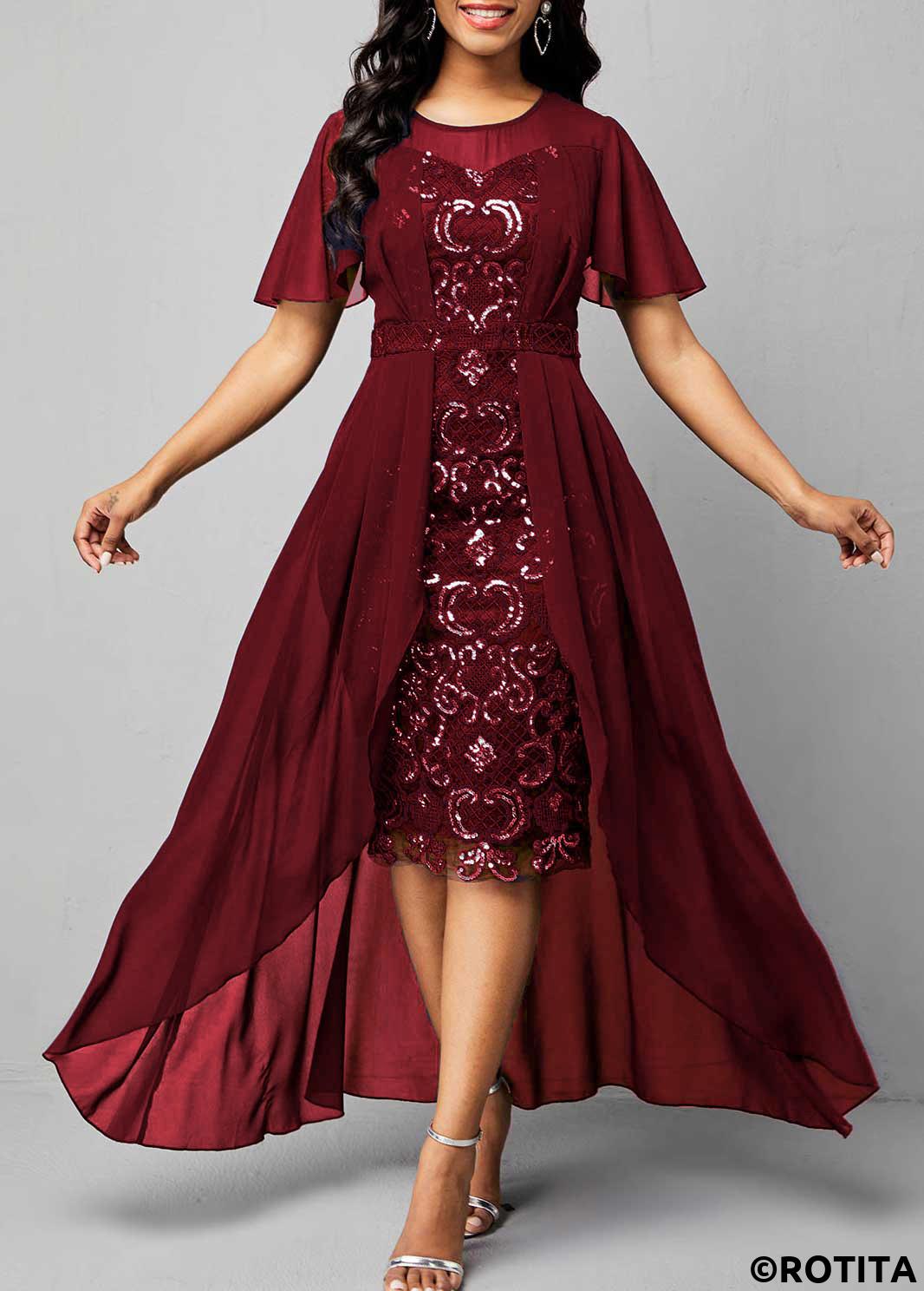 Wine Red dresses,Plain Color dresses,Party dresses,Elegant dresses,ROTITA Peplum Wine Red High Low Round Neck Bodycon Dress