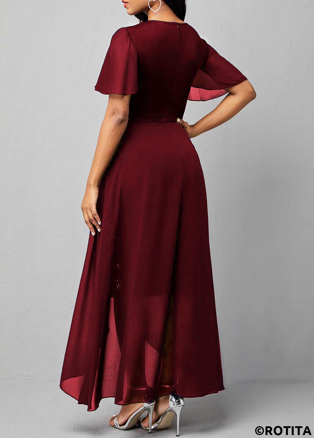 Wine Red dresses,Plain Color dresses,Party dresses,Elegant dresses,ROTITA Peplum Wine Red High Low Round Neck Bodycon Dress