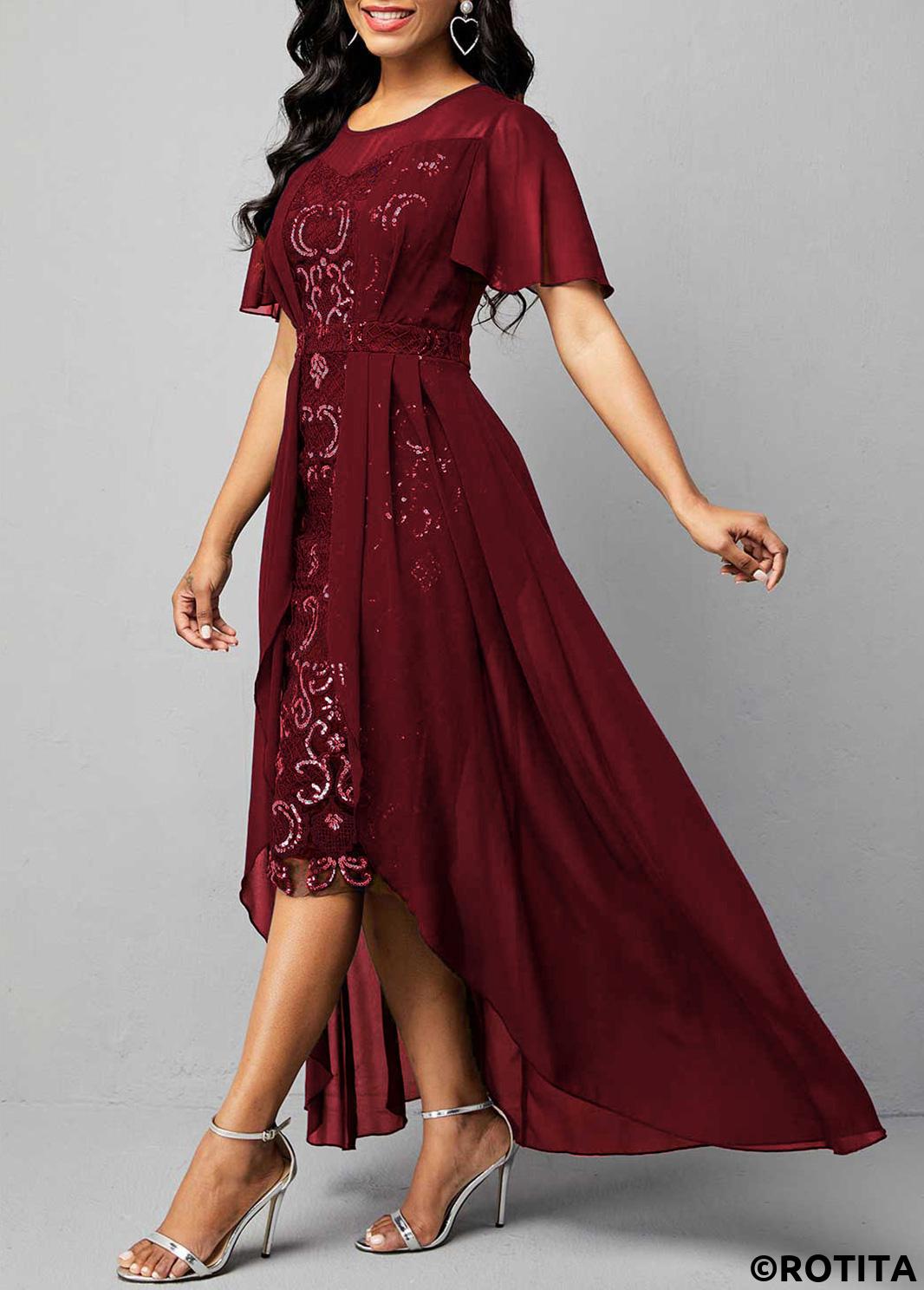 Wine Red dresses,Plain Color dresses,Party dresses,Elegant dresses,ROTITA Peplum Wine Red High Low Round Neck Bodycon Dress