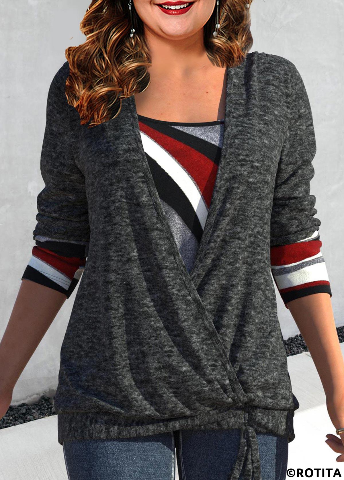 Dark Grey plus size,Geometric plus size,ROTITA Plus Size Drawstring Geometric Print Dark Grey T Shirt