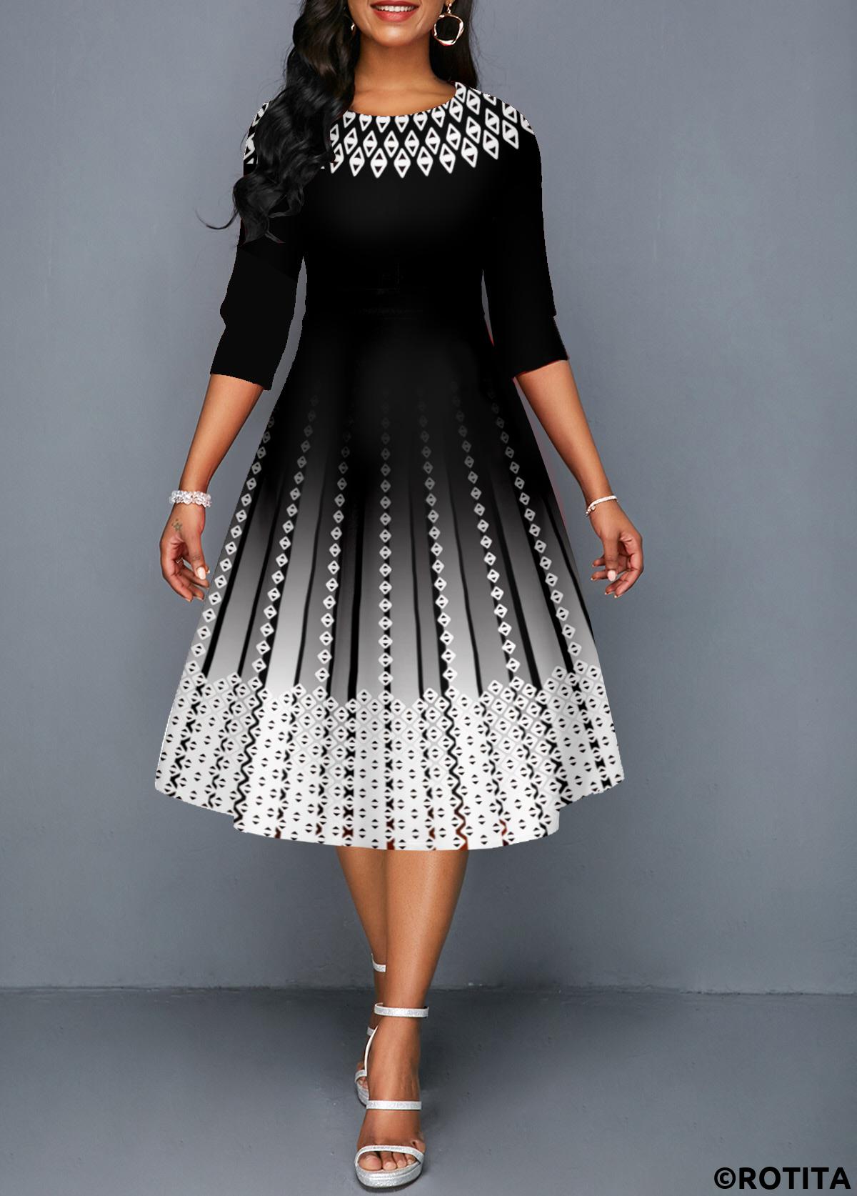 ROTITA Robe noire à manches 3/4 et col rond