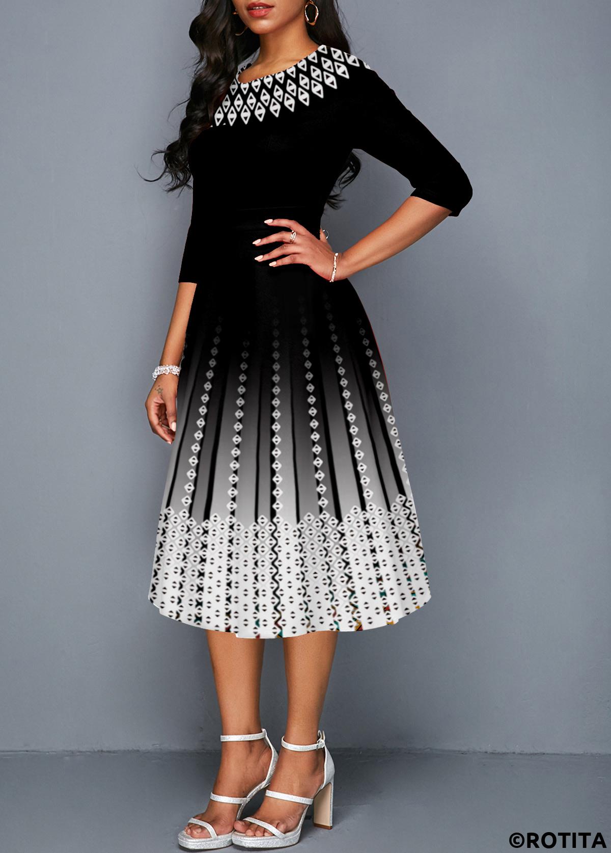 ROTITA Robe noire à manches 3/4 et col rond