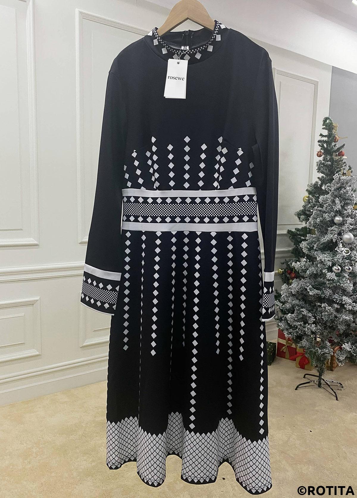 Black dresses,Geometric dresses,Party dresses,Elegant dresses,ROTITA Geometric Print Long Sleeve Mock Neck Dress