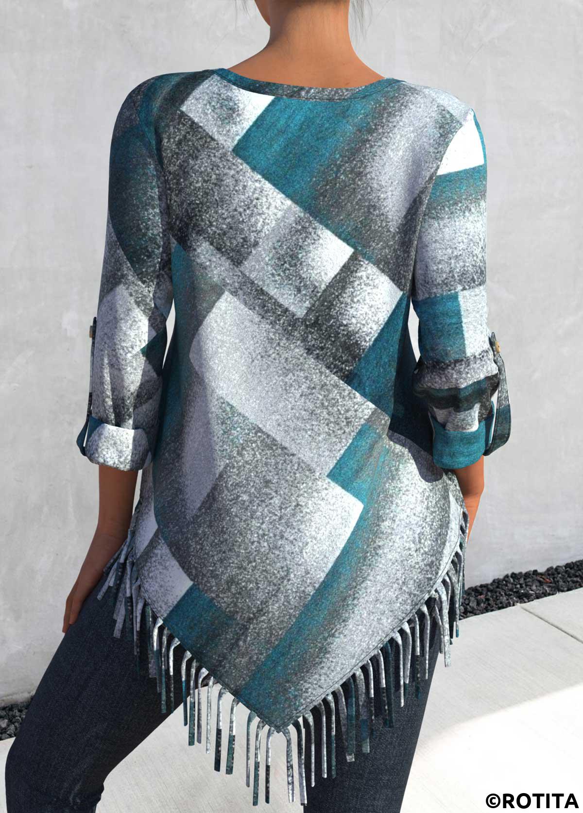 Dusty Blue tops,Plaid tops,ROTITA Plus Size Tassel Dusty Blue Plaid Round Neck Blouse