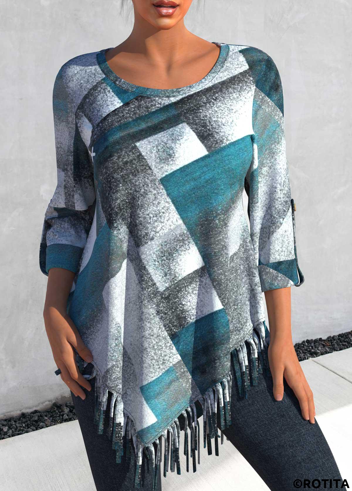 Dusty Blue tops,Plaid tops,ROTITA Plus Size Tassel Dusty Blue Plaid Round Neck Blouse