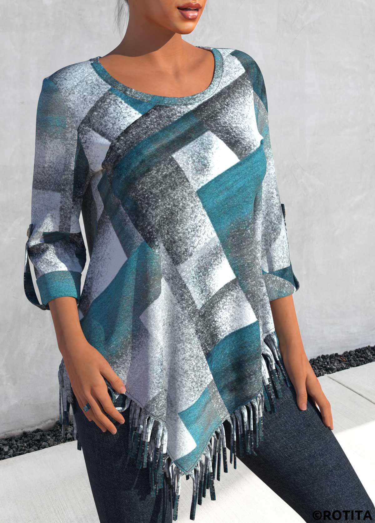 Dusty Blue tops,Plaid tops,ROTITA Plus Size Tassel Dusty Blue Plaid Round Neck Blouse