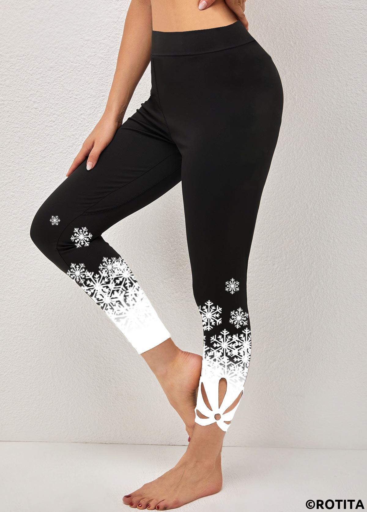 Black bottoms,Christmas bottoms,ROTITA Christmas High Waisted Black Snowflake Print Leggings