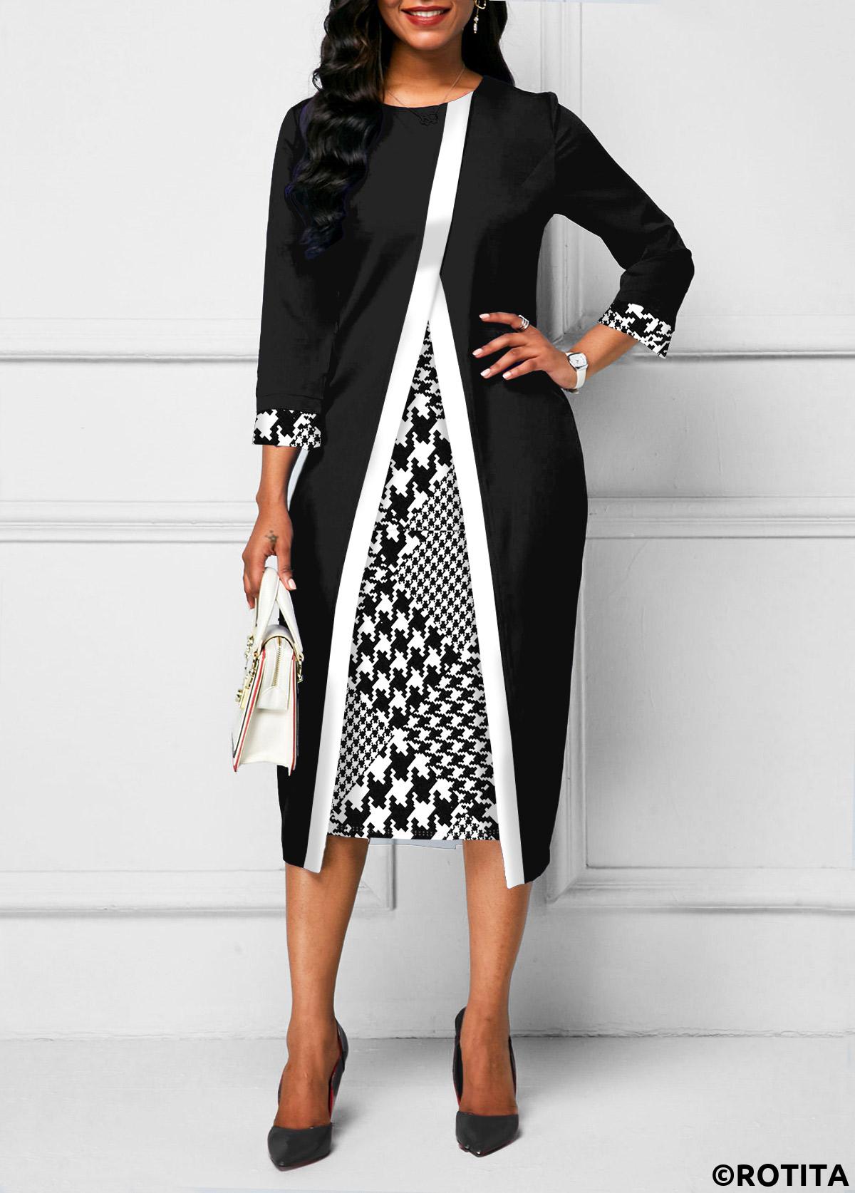 Black dresses,Plaid dresses,Party dresses,Elegant dresses,ROTITA Houndstooth Print Faux Two Piece Black Dress