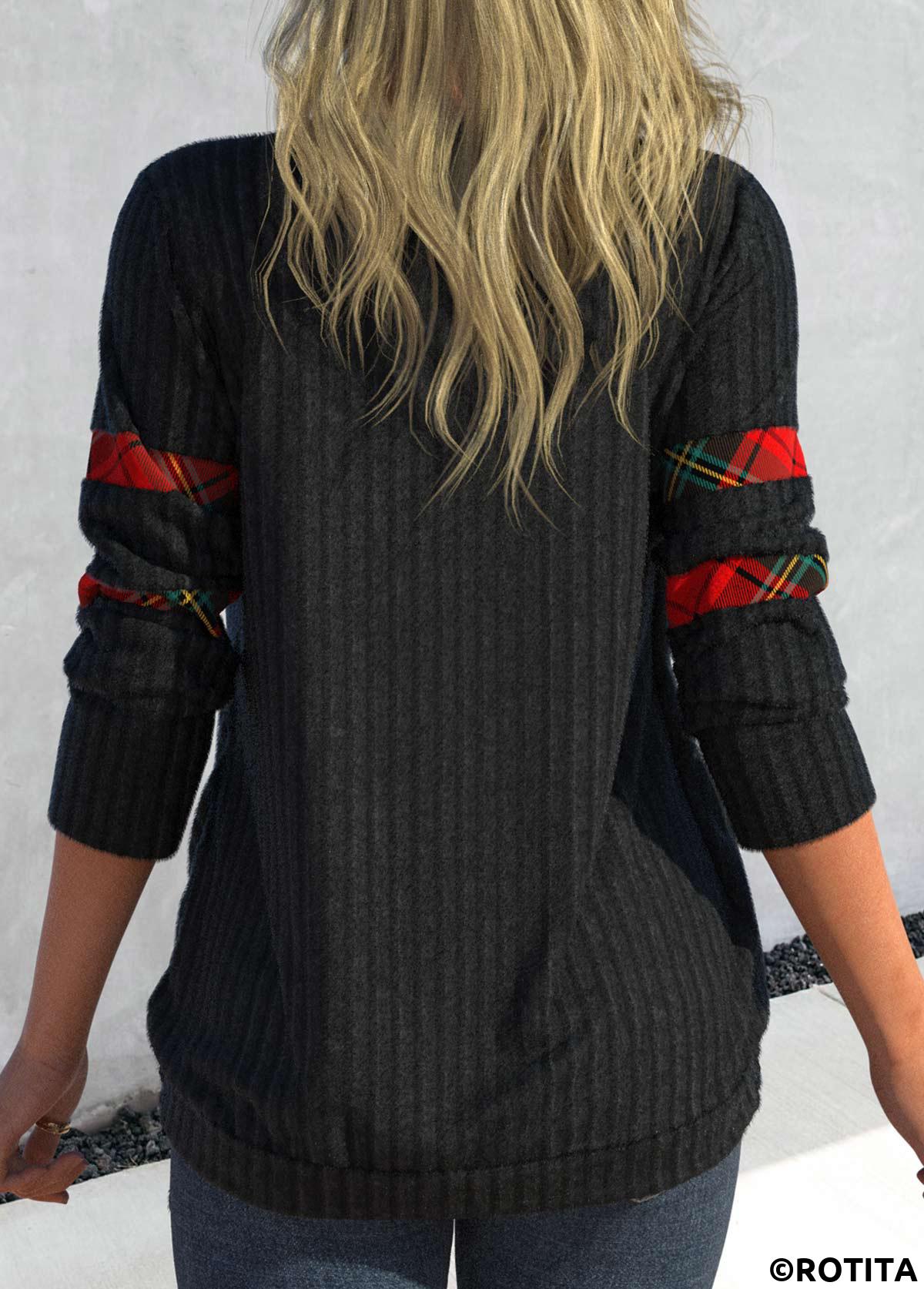 Black plus size,Plaid plus size,ROTITA Plus Size Plaid Black Faux Two Piece Tie Side Sweatshirt