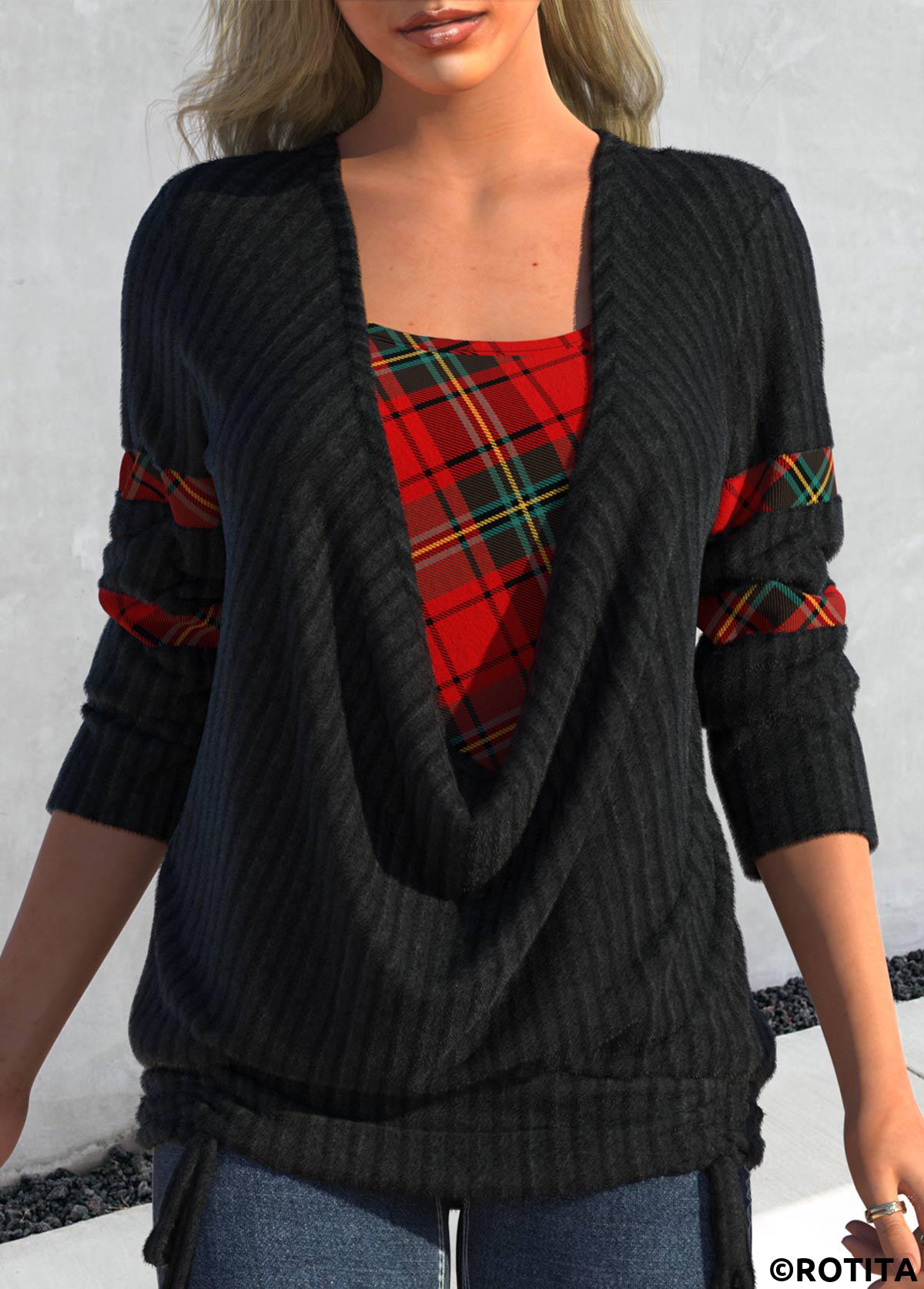 Black plus size,Plaid plus size,ROTITA Plus Size Plaid Black Faux Two Piece Tie Side Sweatshirt
