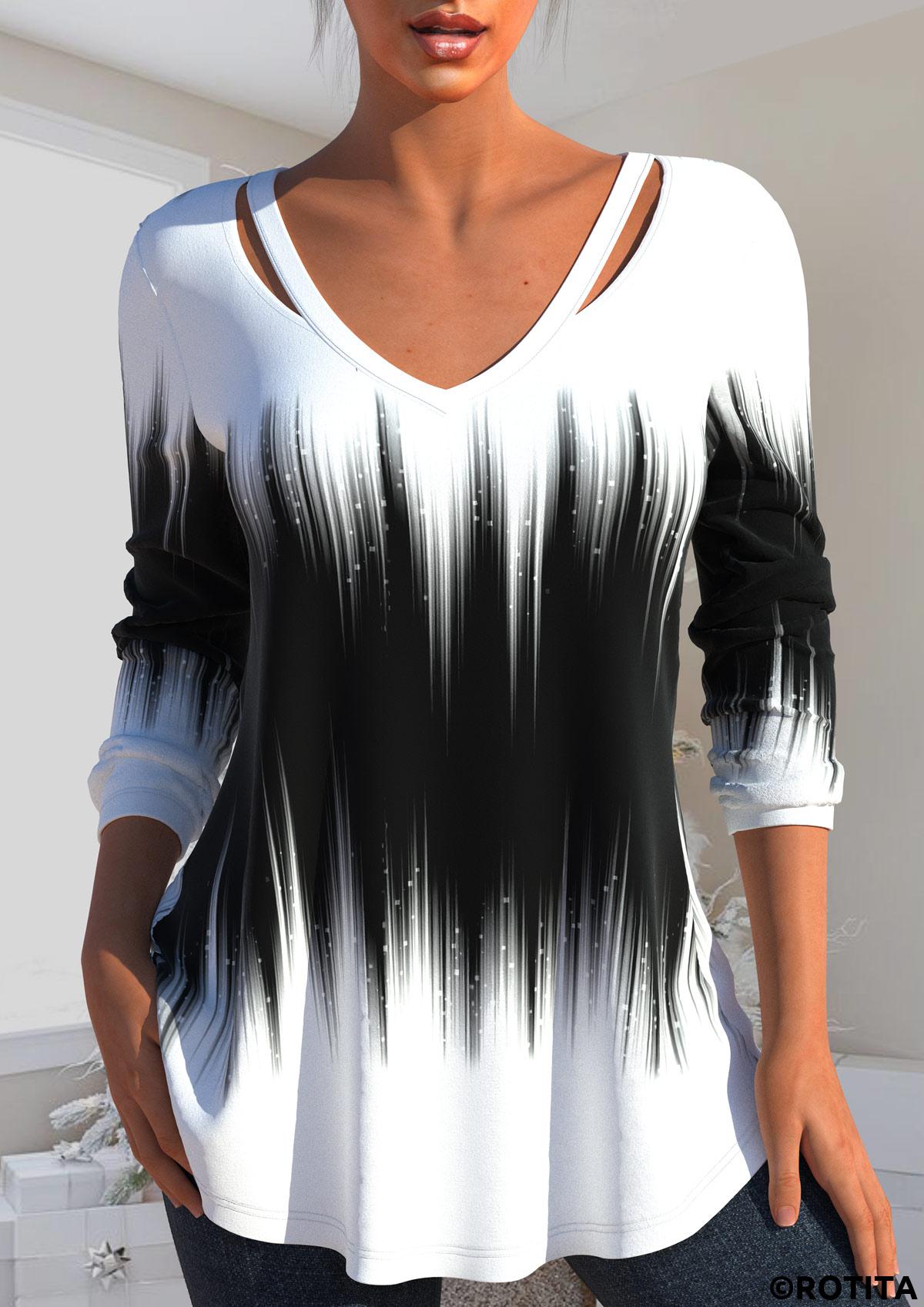 ROTITA Plus Size Cut Out Ombre Black V Neck T Shirt