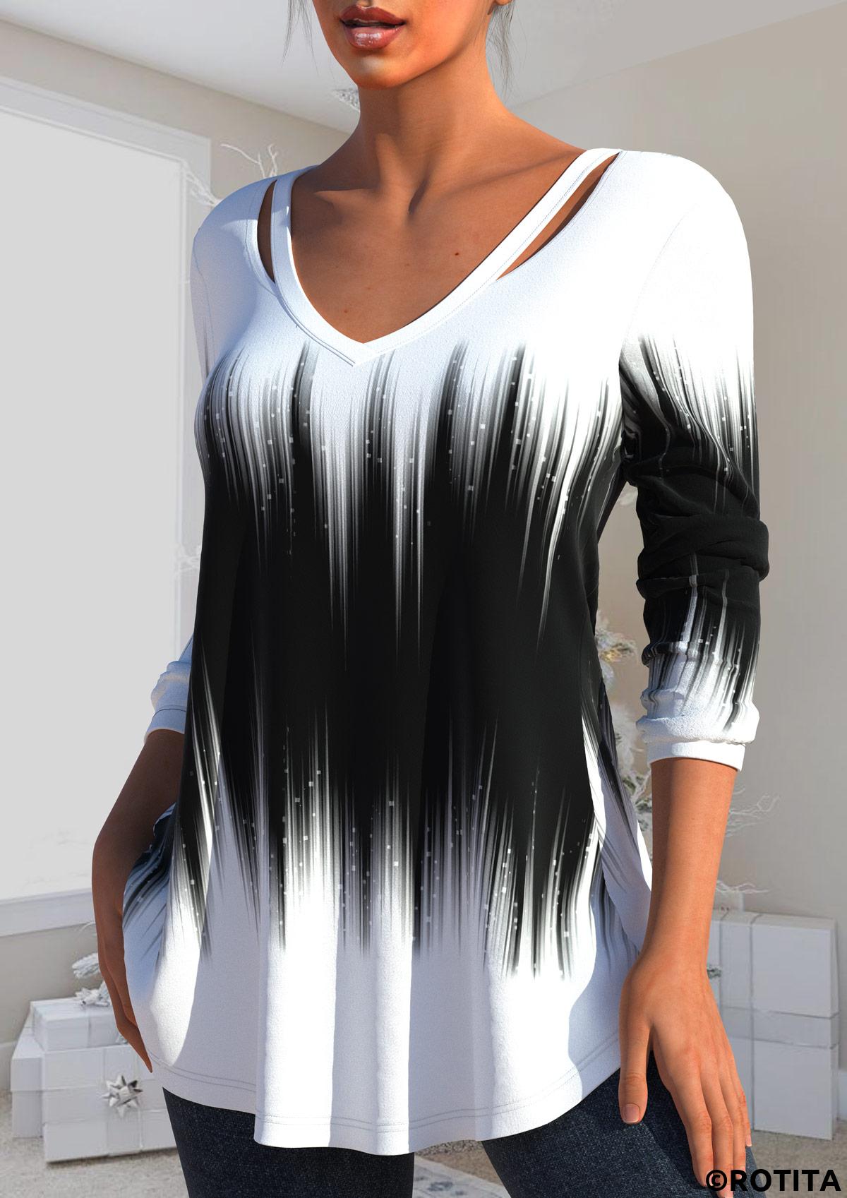 ROTITA Plus Size Cut Out Ombre Black V Neck T Shirt