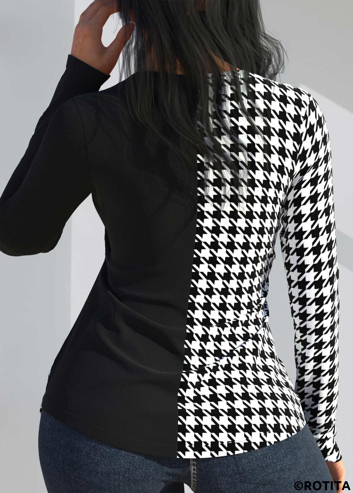 Black tops,Plaid tops,ROTITA Sequin Houndstooth Print Black V Neck T Shirt