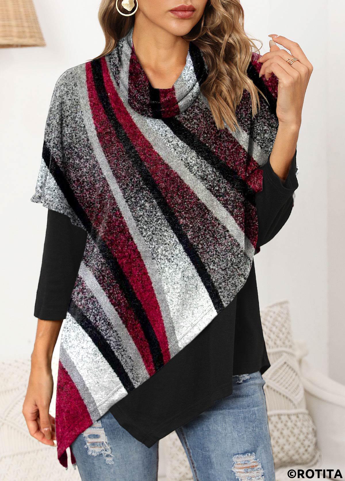 Multi Color plus size,Geometric plus size,ROTITA Plus Size Geometric Print Long Sleeve Asymmetric Hem Sweatshirt