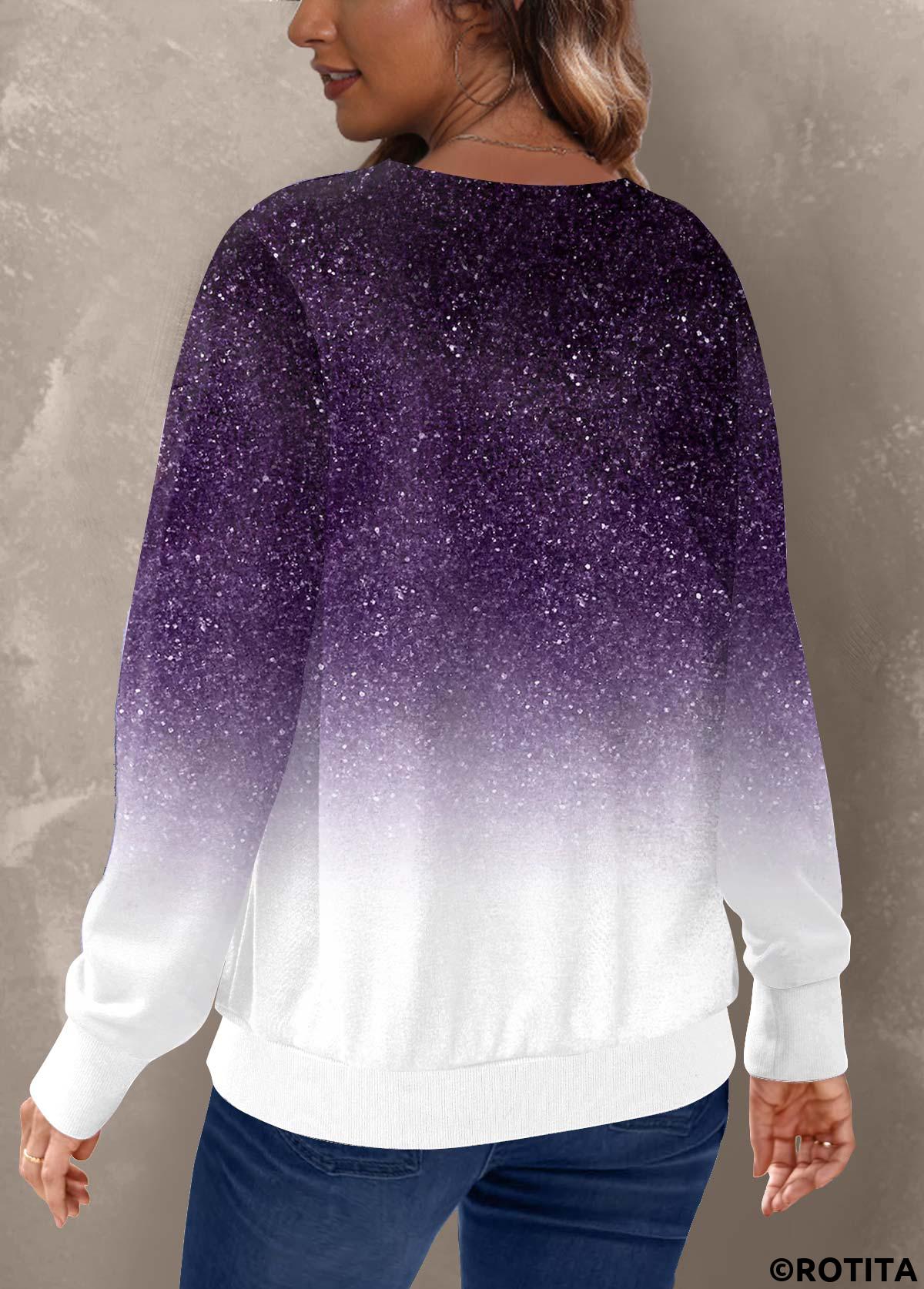 Purple tops,Ombre tops,ROTITA Ombre Purple Round Neck Long Sleeve Sweatshirt