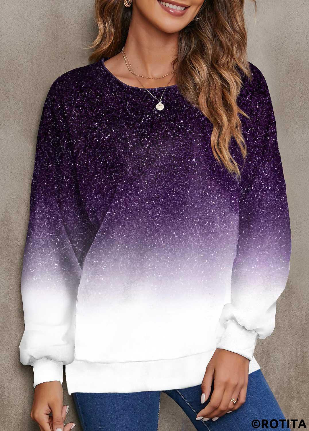 Purple tops,Ombre tops,ROTITA Ombre Purple Round Neck Long Sleeve Sweatshirt