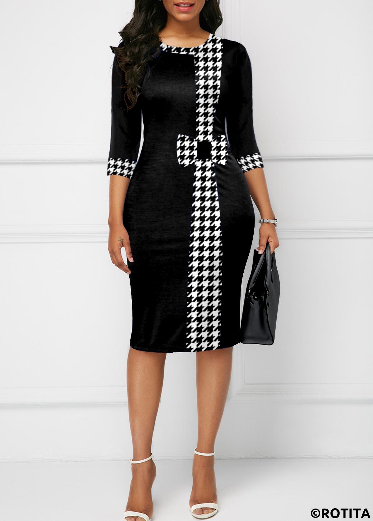 Black dresses,Houndstooth dresses,Wear to Work dresses,Work dresses,ROTITA Houndstooth Print Black Patchwork Bodycon Dress