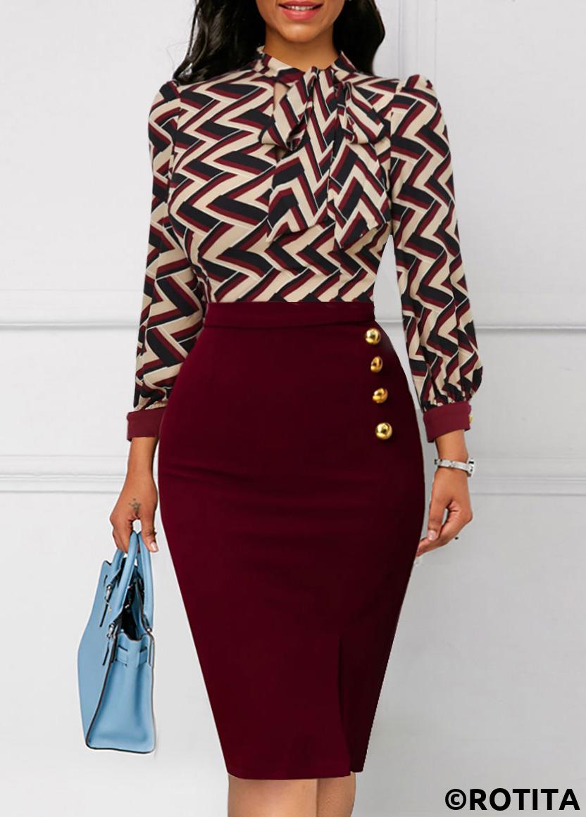 Wine Red dresses,Chevron dresses,Wear to Work dresses,Work dresses,ROTITA Button Striped Wine Red Tie Collar Bodycon Dress