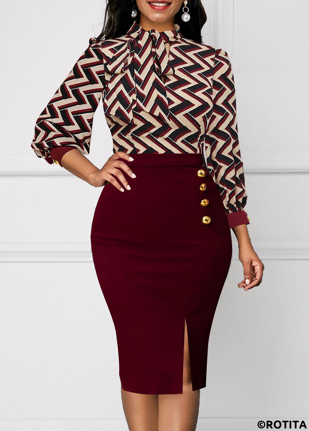 Wine Red dresses,Chevron dresses,Wear to Work dresses,Work dresses,ROTITA Button Striped Wine Red Tie Collar Bodycon Dress