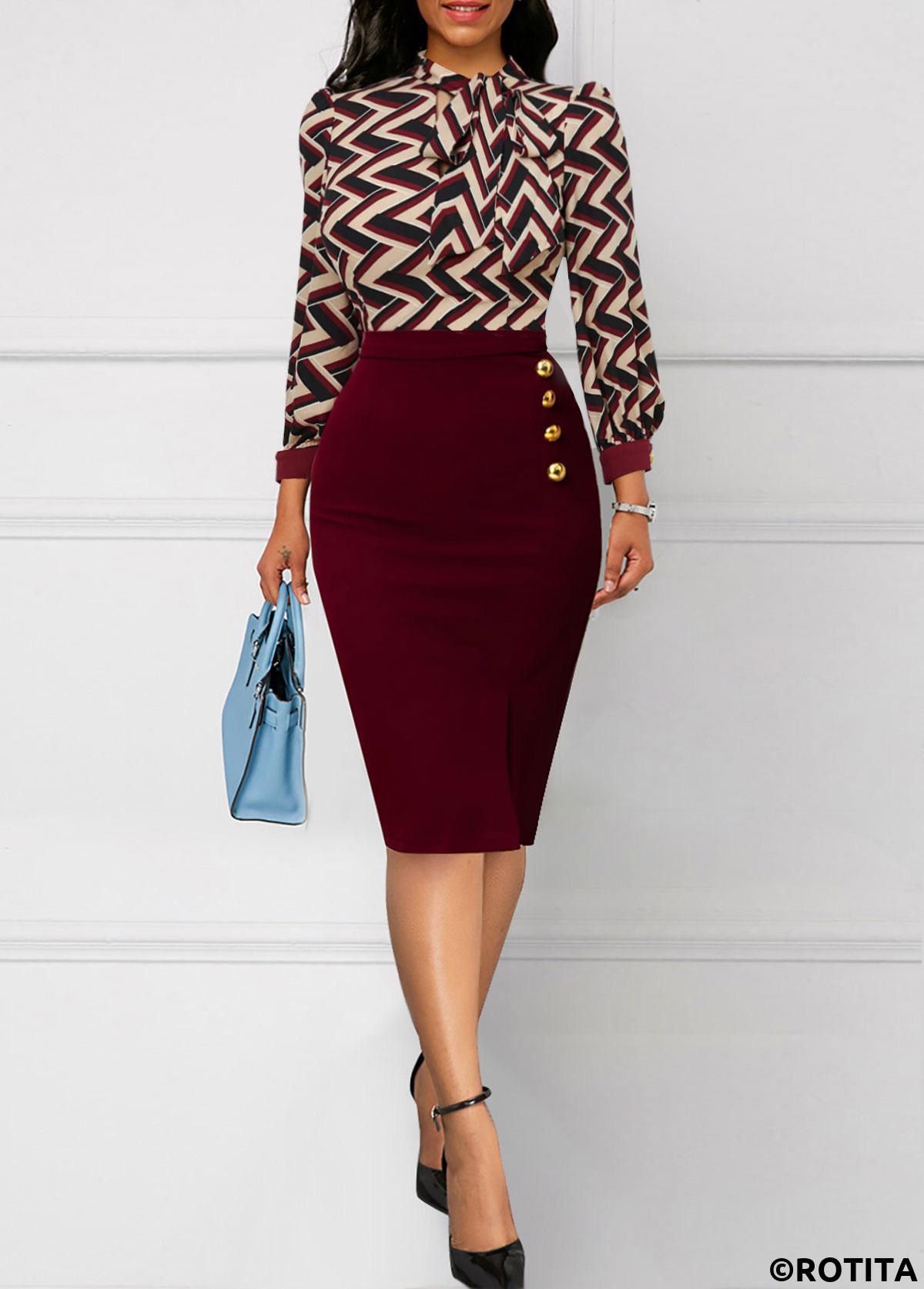 Wine Red dresses,Chevron dresses,Wear to Work dresses,Work dresses,ROTITA Button Striped Wine Red Tie Collar Bodycon Dress