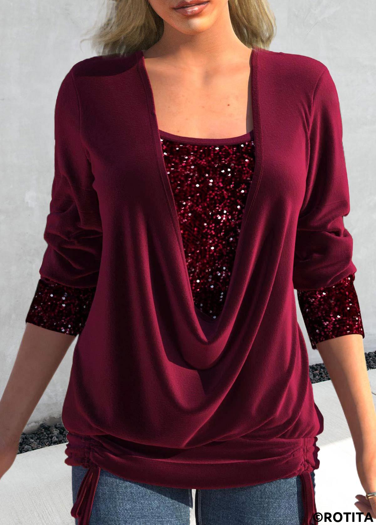 ROTITA Plus Size Sequin Wine Red Fake Two Piece Twinset