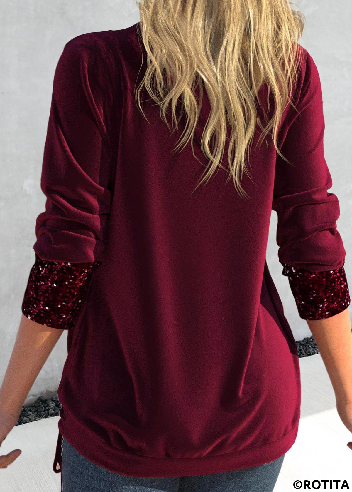 Wine Red plus size,Plain Color plus size,ROTITA Sequin Wine Red Draped Neck Fake Two Piece Twinset