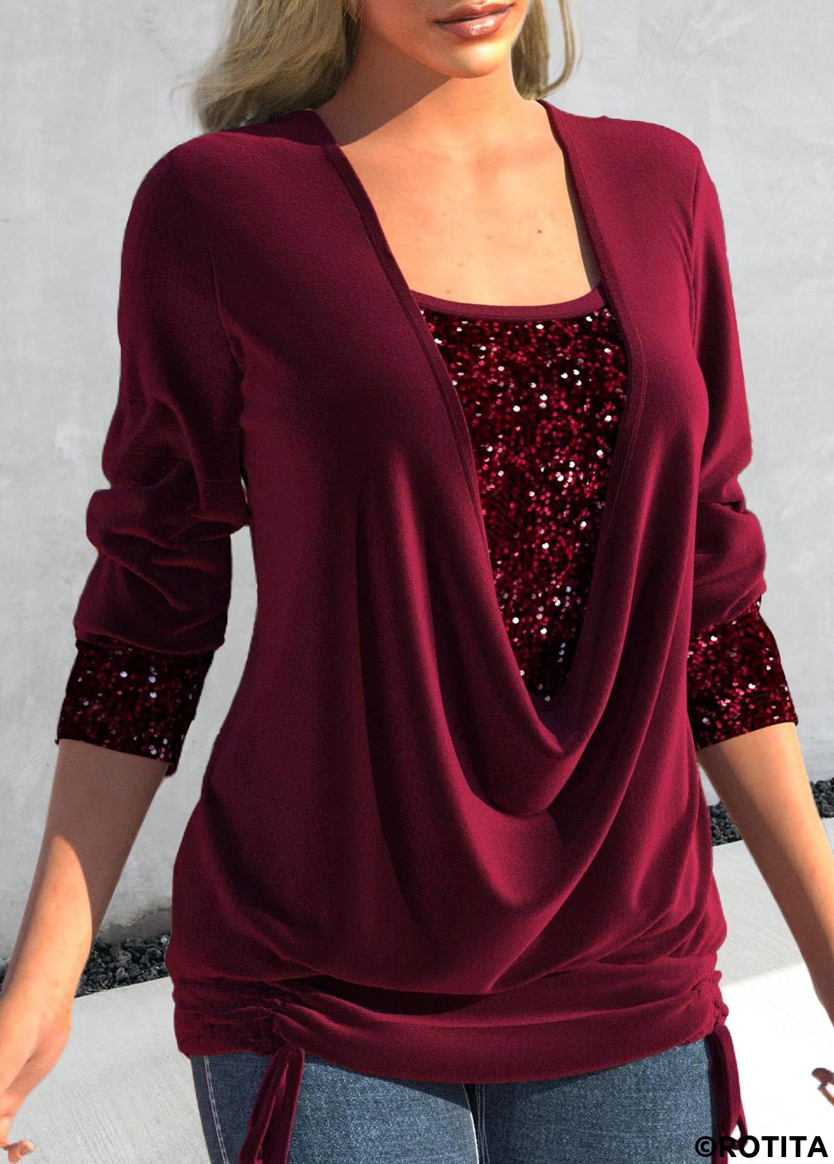 Wine Red plus size,Plain Color plus size,ROTITA Sequin Wine Red Draped Neck Fake Two Piece Twinset