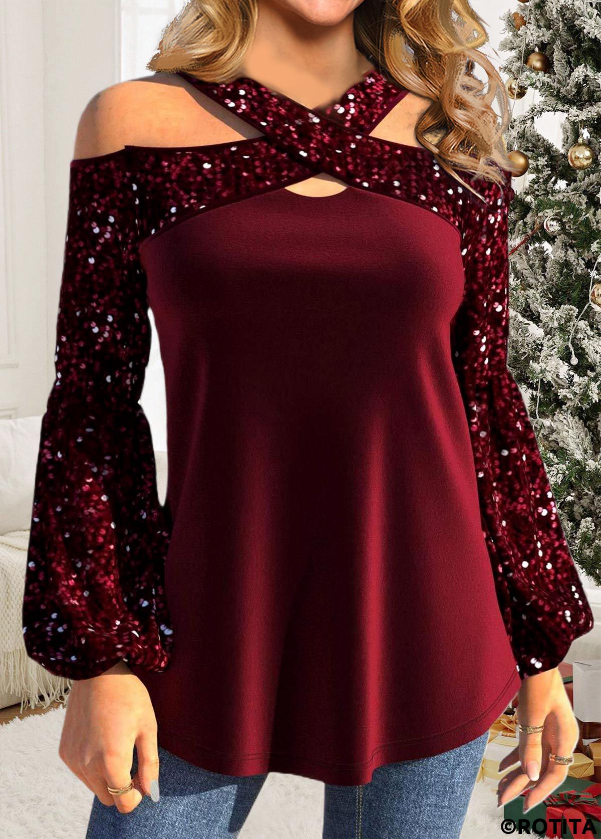 Wine Red plus size,Plain Color plus size,ROTITA Plus Size Sequin Wine Red Cross Collar T Shirt